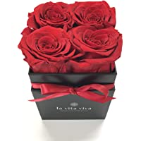 La Vita Viva - Caja para rosas con 4 rosas rojas conservadas (cuadrada)